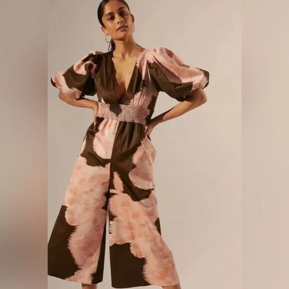 Anthropologie Hutch Isa Printed Smocked Puff Sleeve Midi Jumpsuit l Size 2X - Picture 1 of 10
